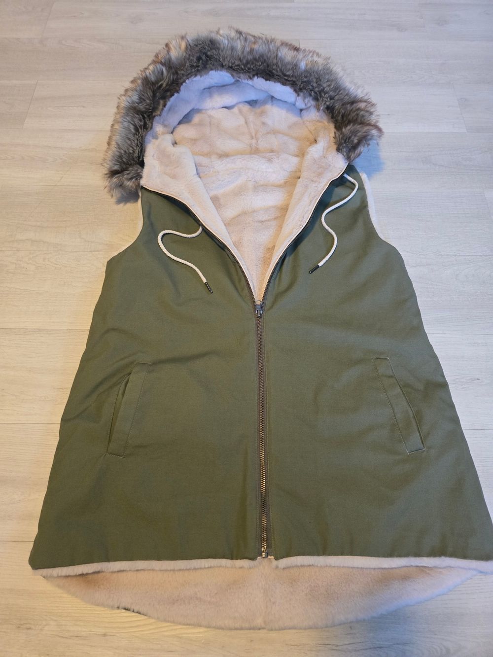Dylan Parker Olive Green Hooded Faux Fur-Lined Vest Reversable NWT